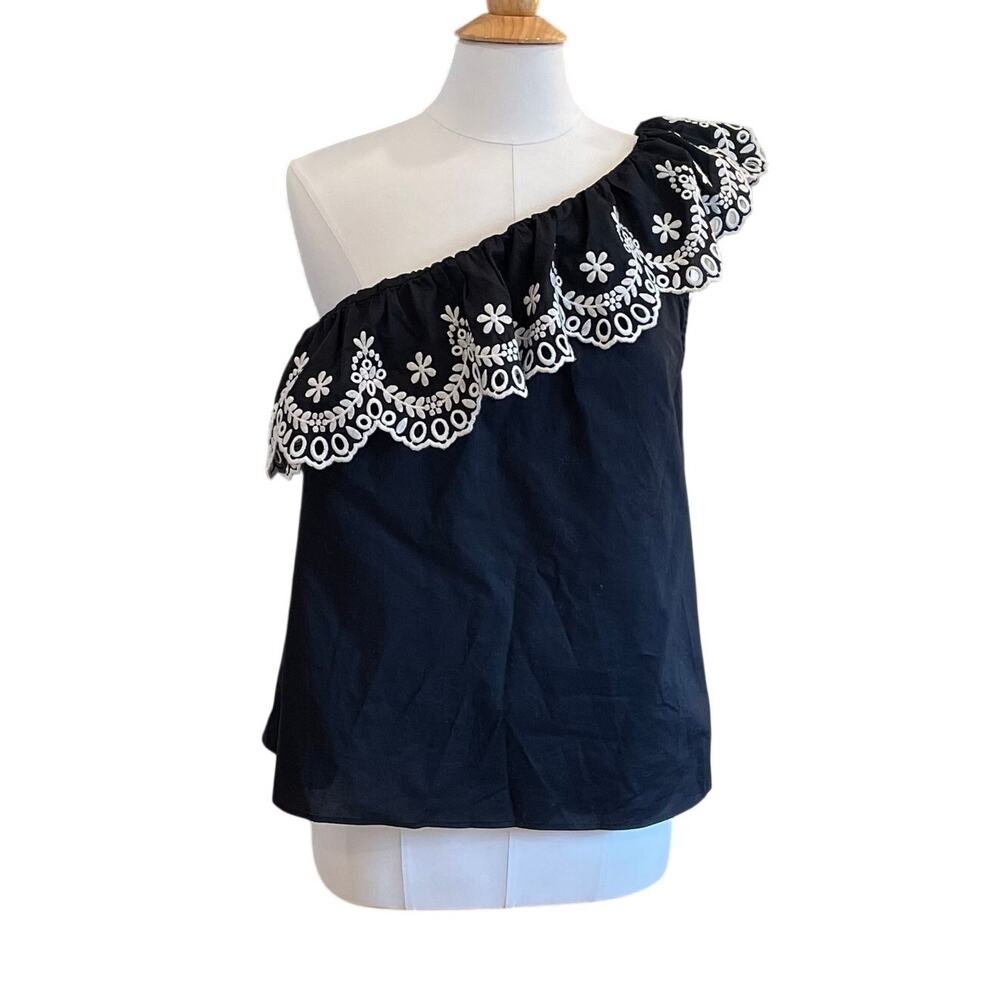 Kate Spade Off the Shoulder Black Cotton Eyelet Ruffle Blouse, Romantic, Size M